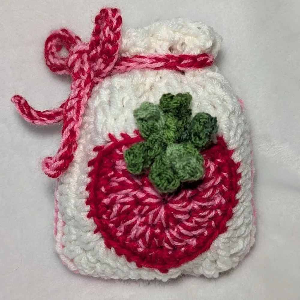 Handmade Crochet Heart Strawberry White Pink Red Green String Pouch Wristlet Bag